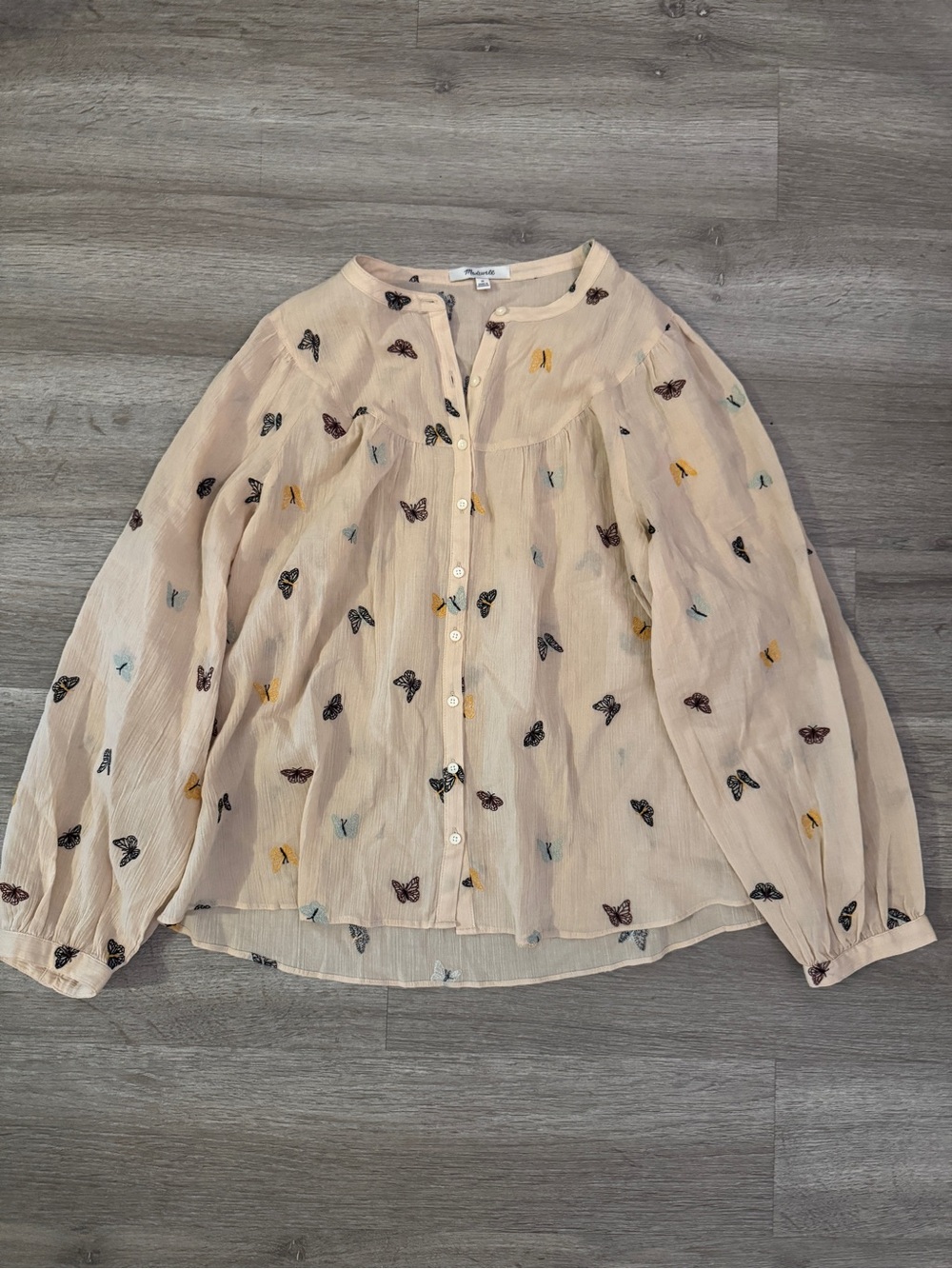Madewell Blush Button-Up Blouse with Multicolor Butterfly Embroidery